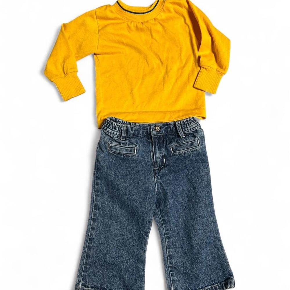 Vintage 70s 18 month toddler boy outfit set bootcut denim jeans retro yellow top